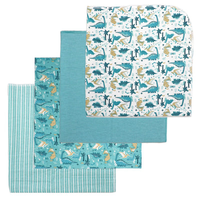 4 Pack Flannel Receiving Blankets: Teal Dinos